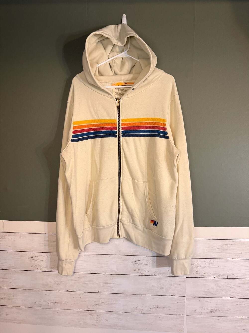 Aviator Nation 5 Stripe Zip Hoodie Size XL Cream